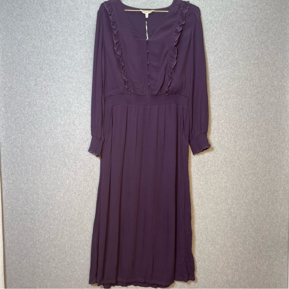 Garnet Hill Ruffle Crepe Plum Purple Peasant Long Sleeve Midi Dress Large - Picture 3 of 10
